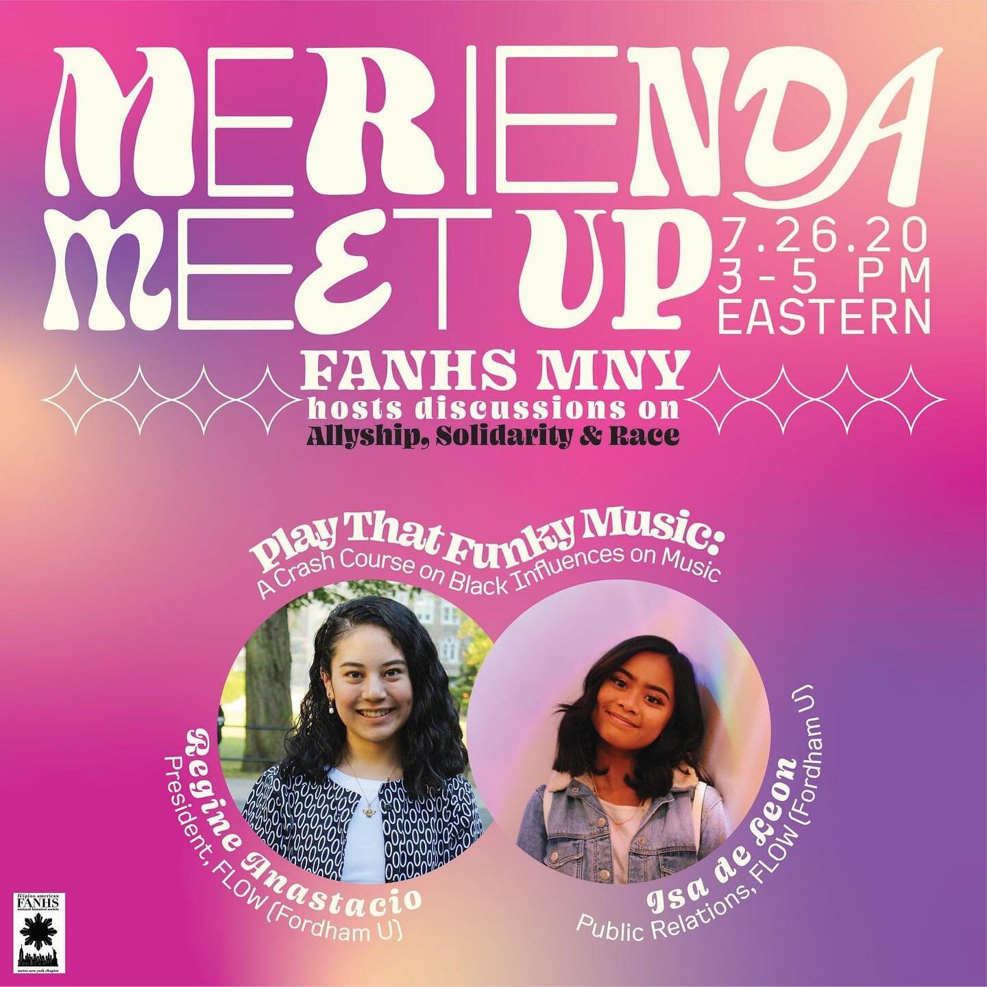 FANHS MNY Presents: Merienda Meetup 2.0 Speaker Introductions!

&quot;Play that Funky Music: A crash course on Black Influence on Music&quot; by Regine Anastacio &amp; Isa de Leon of Filipinos of LC Offering Welcome -  @flow.fclc 

The talk discusses