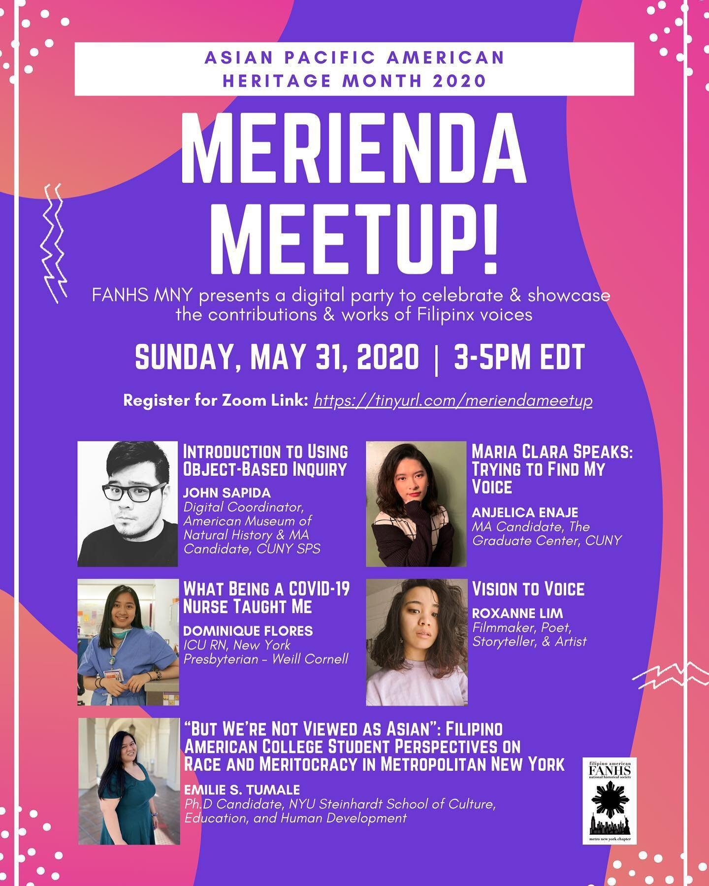 We are so excited to announce the speakers for our #MeriendaMeetup on May 31! Register to receive the Zoom link the day of, and join us in celebrating some incredible Filipinx voices for #APAHM2020 !