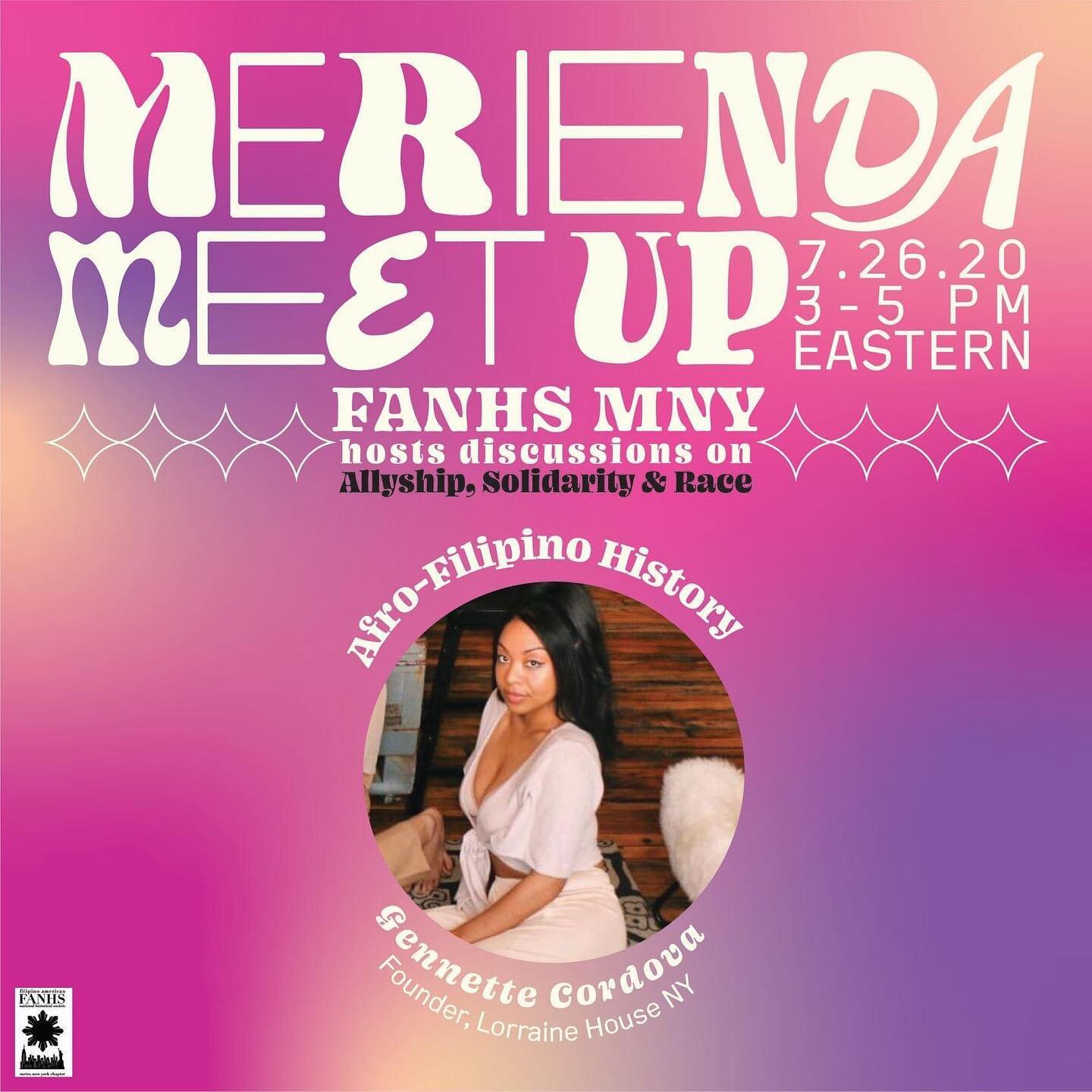 FANHS MNY Presents: Merienda Meetup 2.0 Speaker Introductions!

&quot;Afro-Filipino History&quot; - by Genette Cordova

A talk centered around Afro-Filipino History. A brief history of people from both Black and Filipino backgrounds, including most o