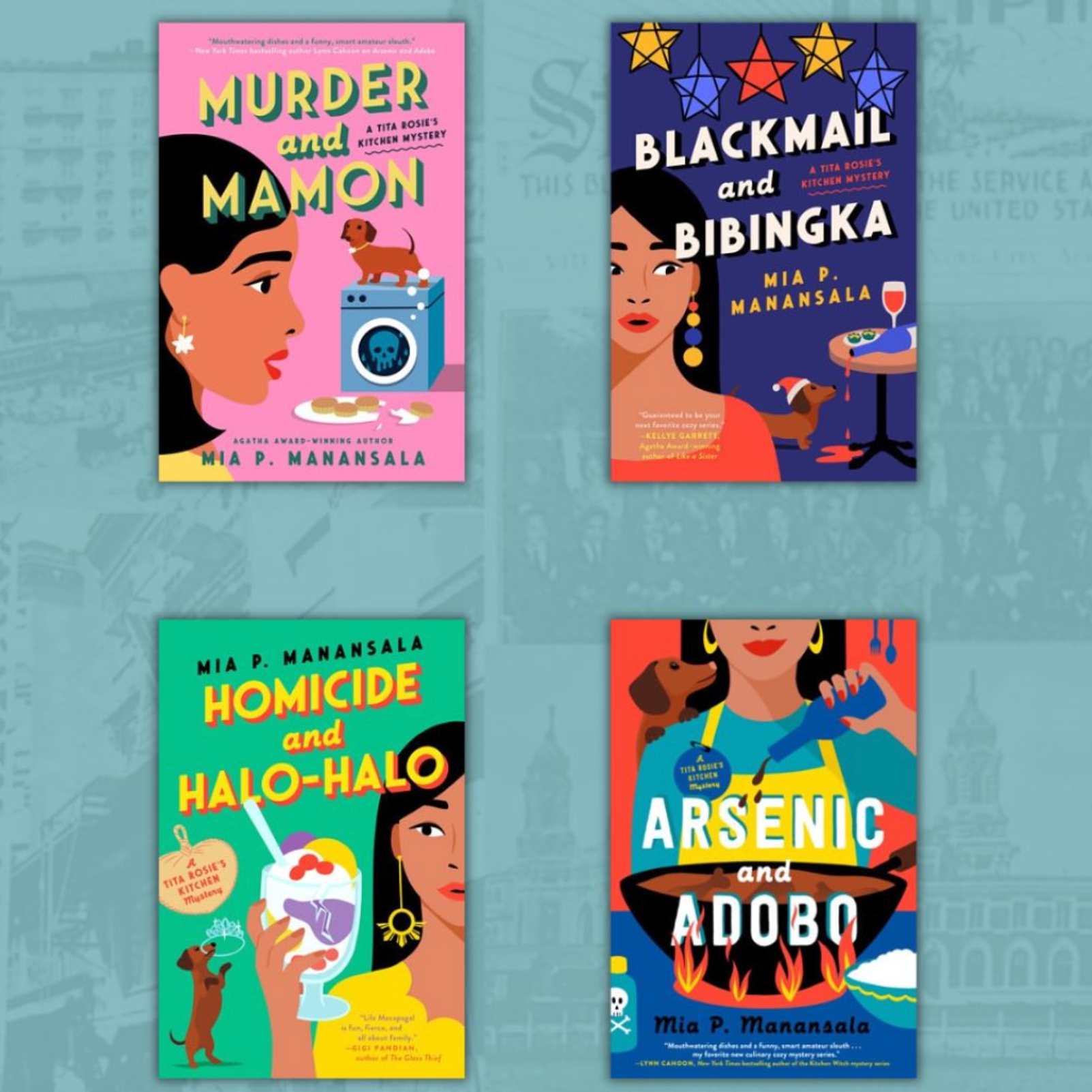 Mia P. Manansala and the ‘Tita Rosie’s Mystery’ series!

Description of the latest book, “Murder and Mamon”: “Lila Macapagal’s godmothers April, Mae, and June—AKA the Calendar Crew—are celebrating the opening of their latest joint business venture, a
