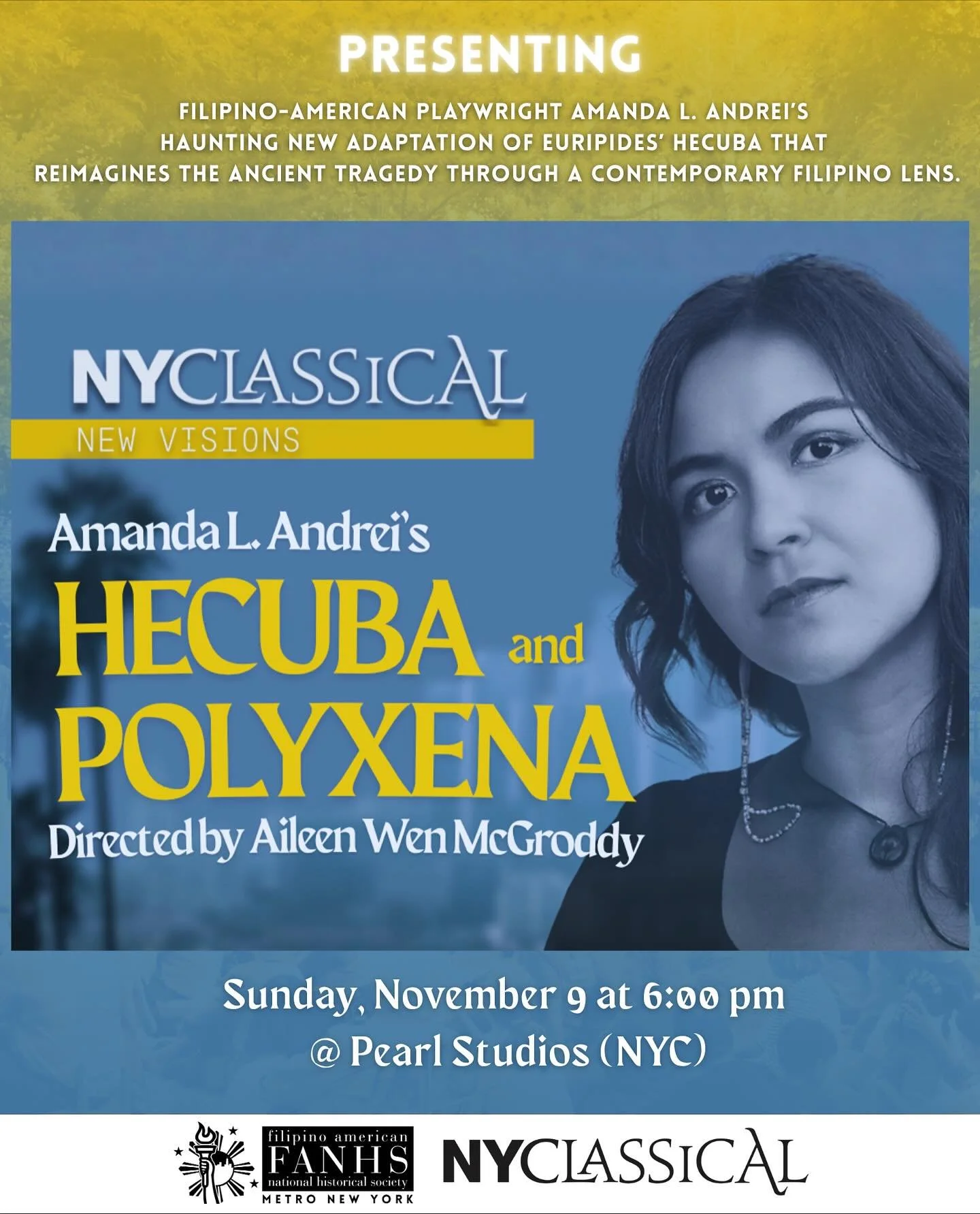 Join @nyclassical 🎭 this Sunday, November 9th ✨

Featuring Filipino-American playwright Amanda L. Andrei! Amanda&rsquo;s work draws on her heritage and family history to explore themes of power, identity, and survival, connecting the stories of the 