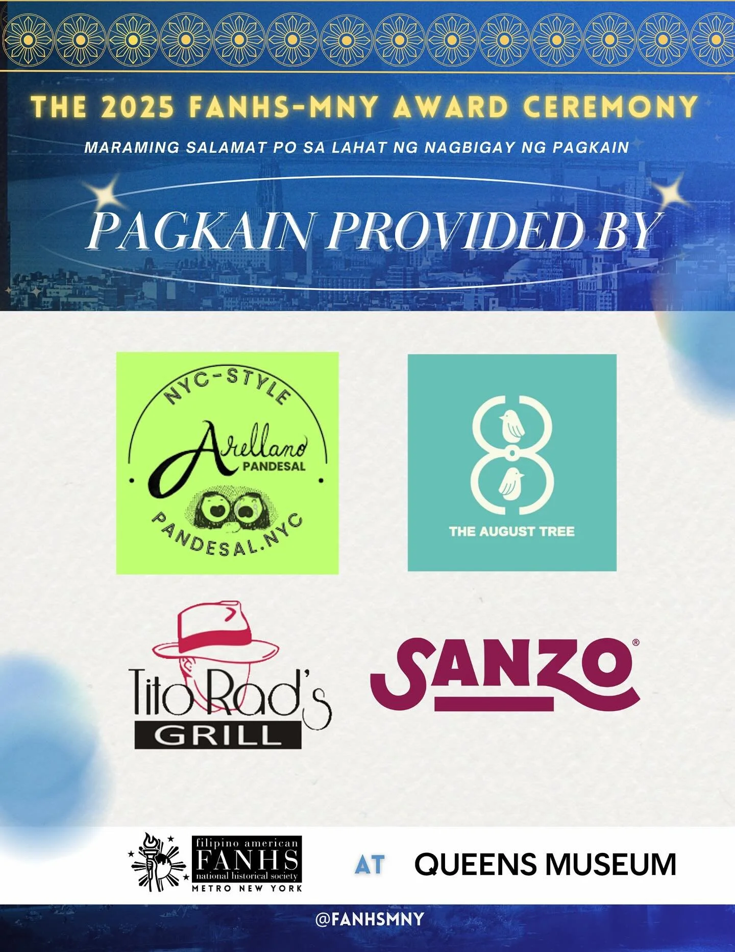 A huge thank you to @DrinkSanzo for keeping our community refreshed and represented! 💫

And a heartfelt shoutout to our incredible&hearts;️ LOCAL&hearts;️ and Fil-Am owned food providers @arellanopandesal, @theaugusttree, and @titorads of Queens for