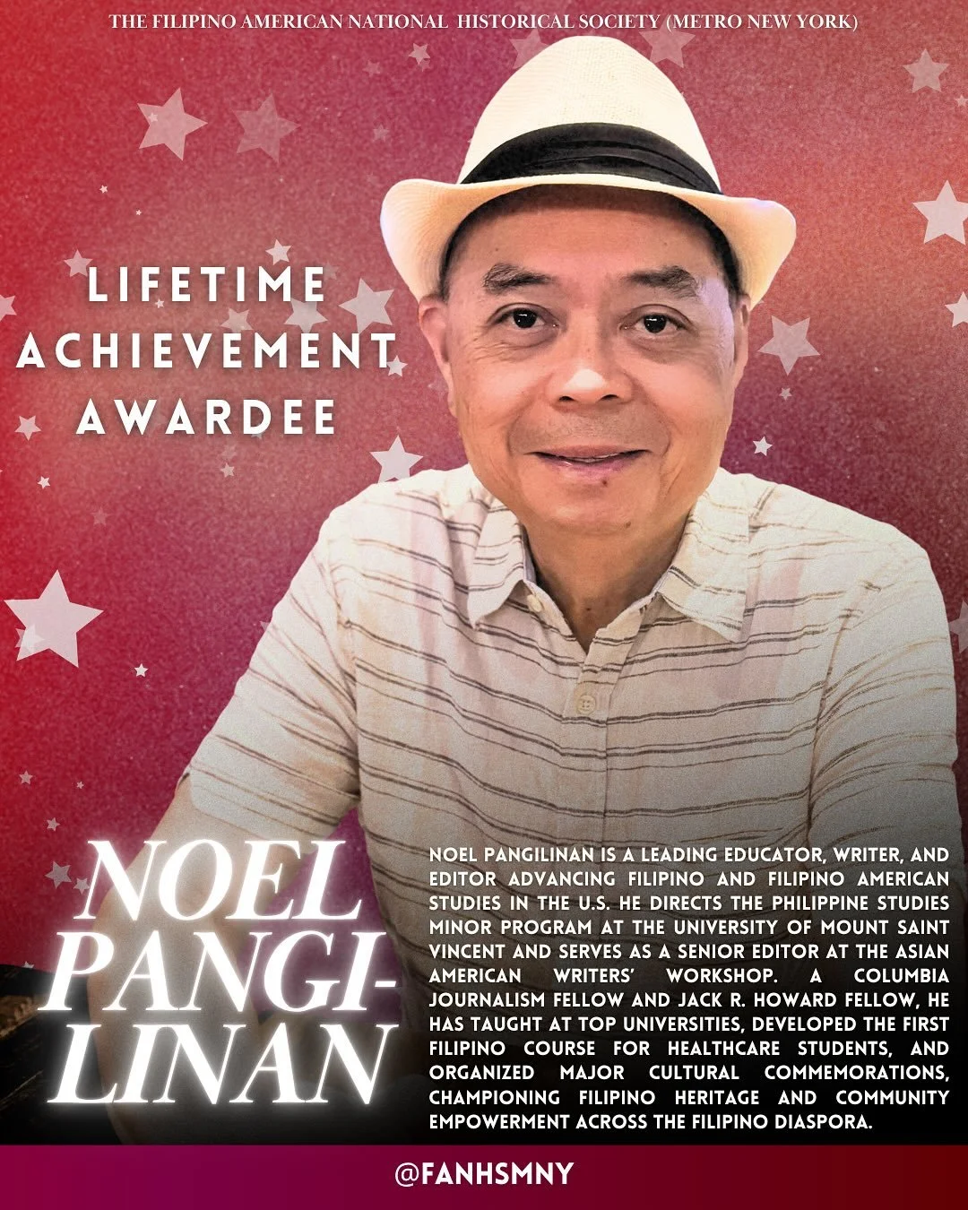 🏆 Meet Noel Pangilinan, 🌟 2025 Lifetime Achievement Awardee! ⭐️ Noel is an esteemed educator, writer, and editor advancing Filipino and Filipino American studies in the U.S. He directs the Philippine Studies minor at the @mountstvincent &mdash;the 