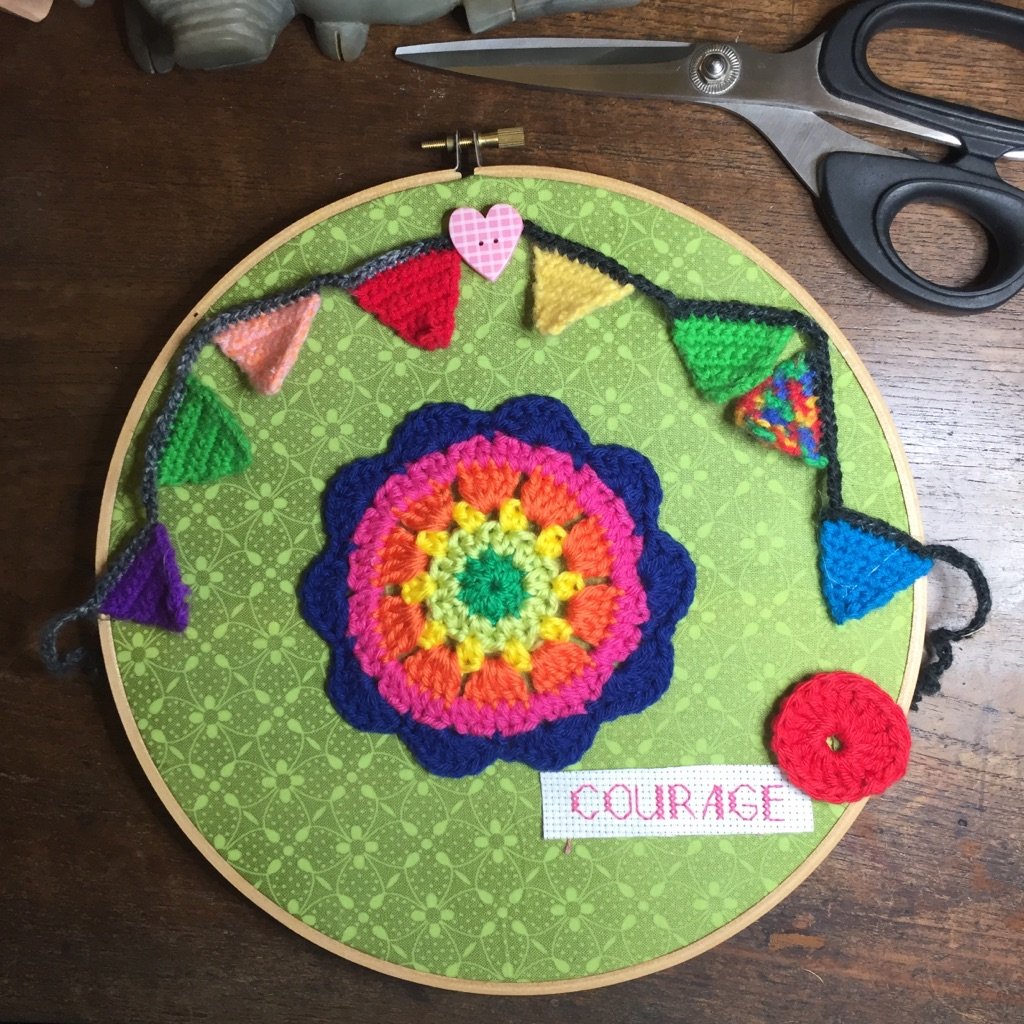  Learning to crochet and remembering my cross stitch lessons in school, I can make things for friends for whatever reason, or none. I made this hoop for a friend who lost her child to suicide – not immediately, of course!!!! A few months later. 