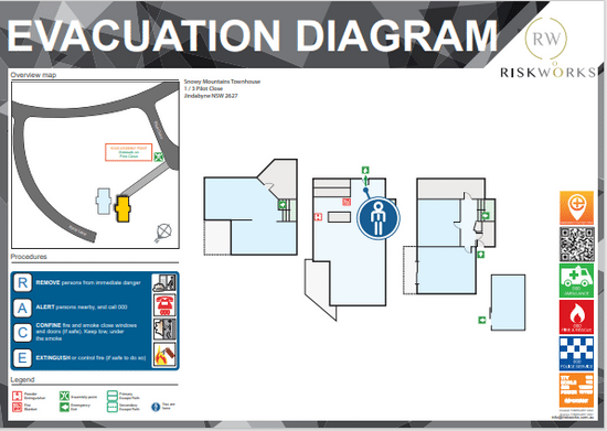 Example Riskworks emergency evacuation diagram showing exits, fire equipment and assembly area, AS 3745 compliant