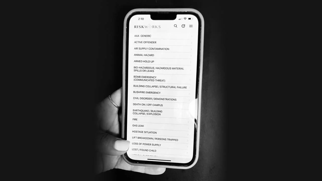 Riskworks Procedures On-Line (POL) app on a phone, listing emergency procedures such as Active Offender, Bushfire Emergency and Fire