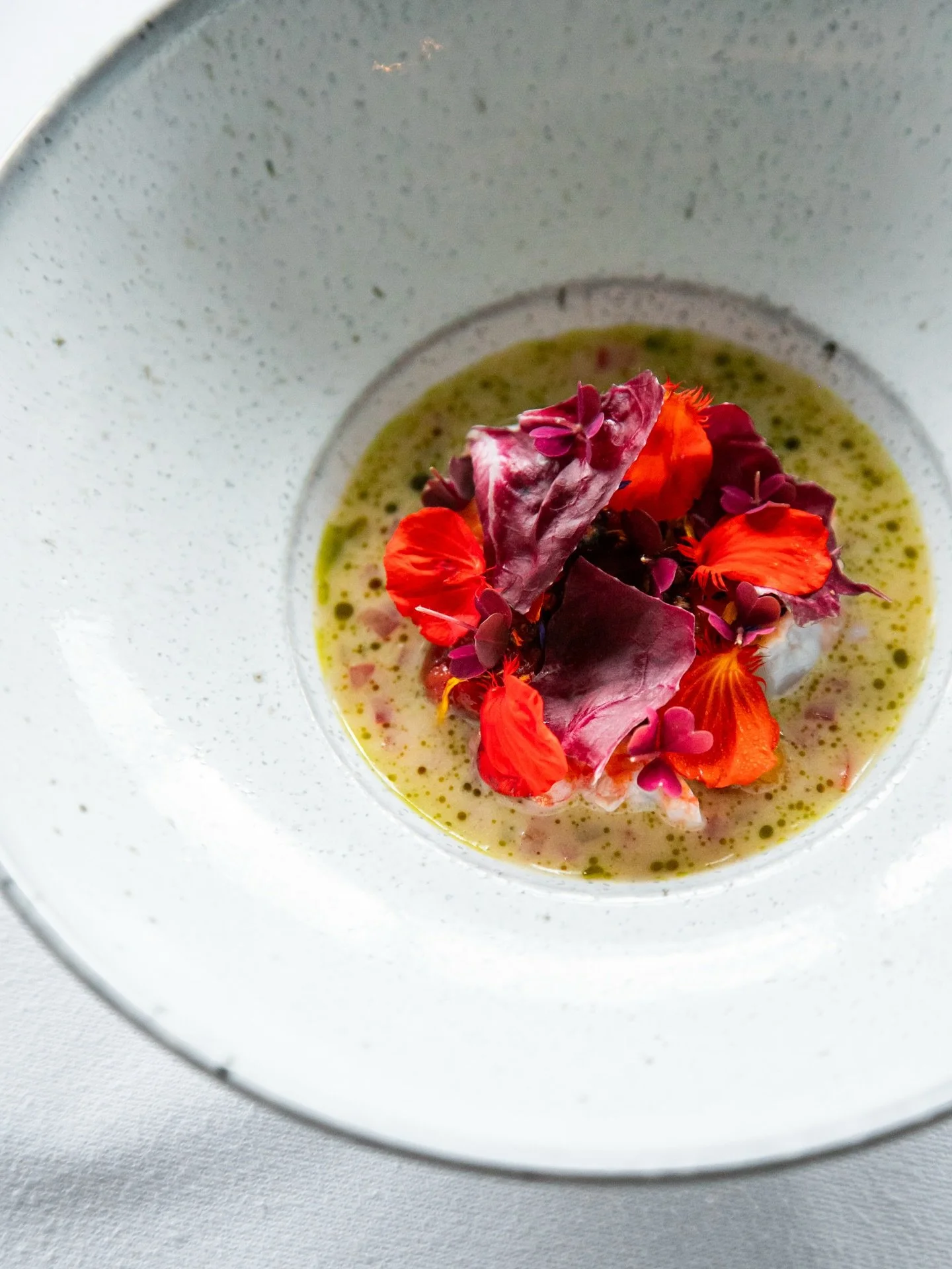 Grilled langoustine with fig leaf, dried tomatoes, and pickled fennel — featured on our tasting menu ‘An Evening at Krogs’. Reserve your table today - link in the bio.