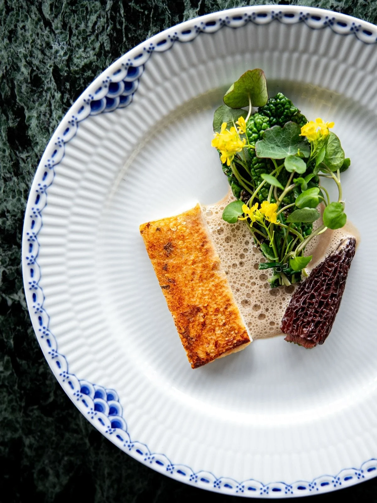 Dry-aged halibut and morels with tuscan kale purée, aromatic pepper and sherry sauce. Part of our tasting menu ‘An Evening at Krogs’ #krogsfiskerestaurant