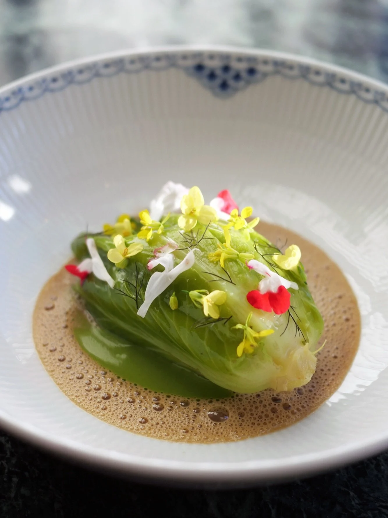 Currently on the menu is our delicious langoustine sarcophage, pointed cabbage, pistachio and tarragon ✨