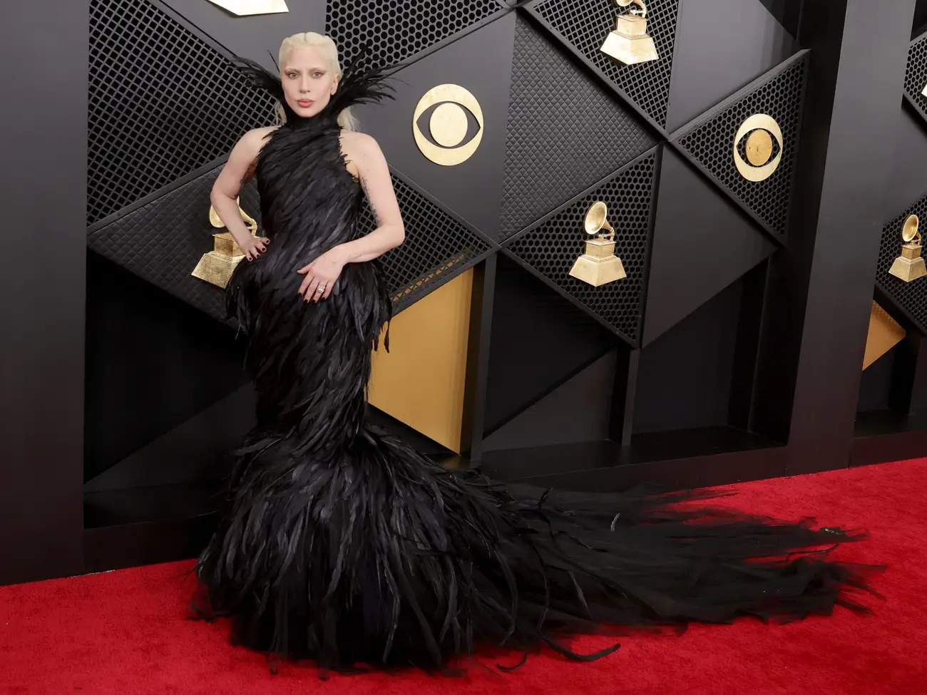 lady gaga at the grammys in black feather dress