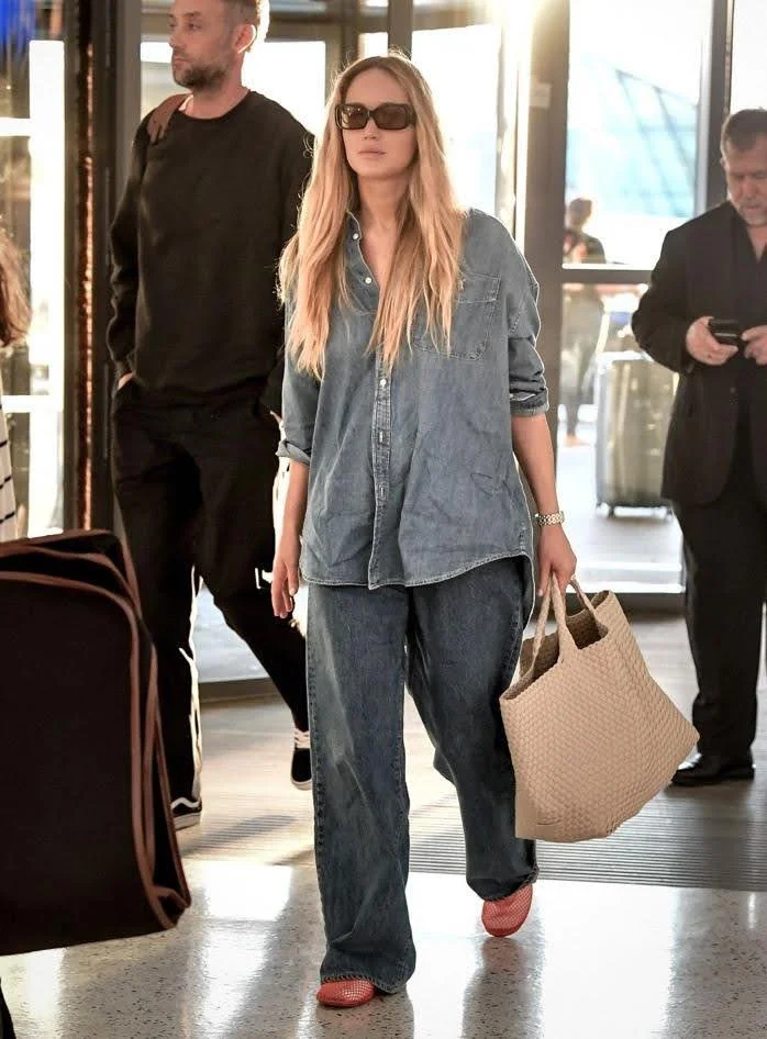 jennifer lawrence in two piece denim airport outfit