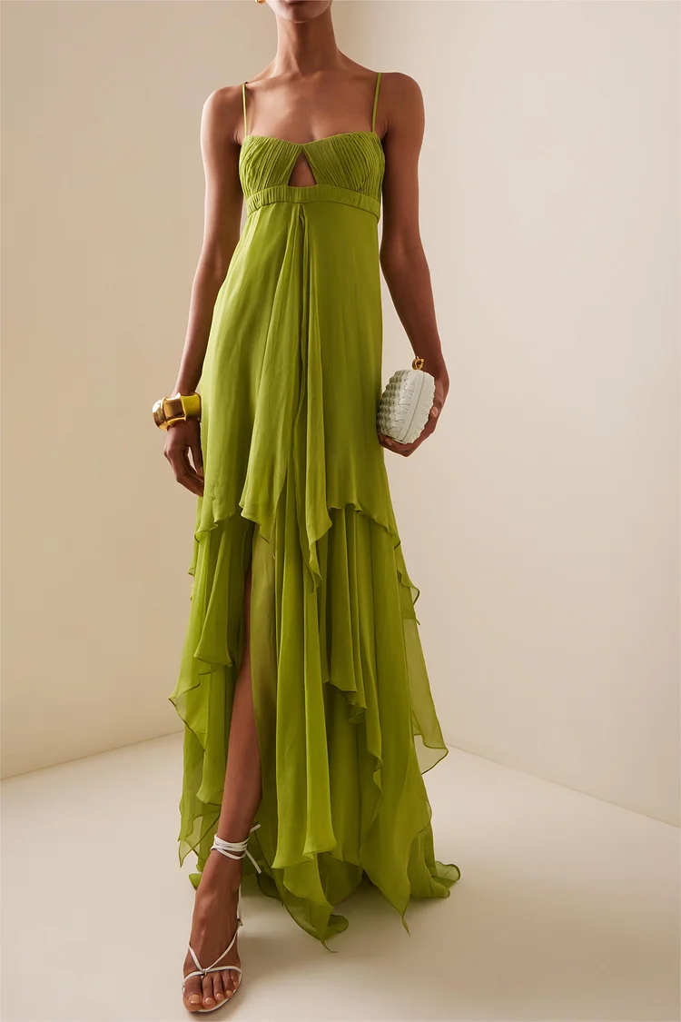 model wearing green chartreuse dress midi