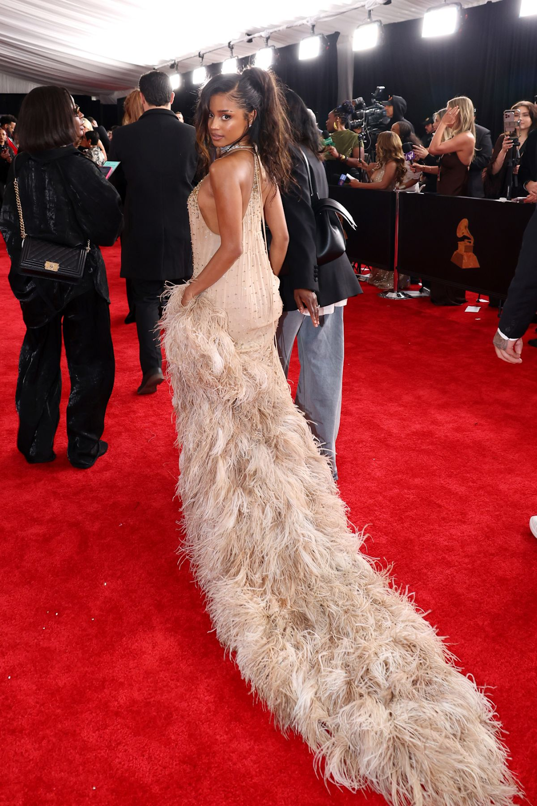 tyla at the grammys in long pink gown