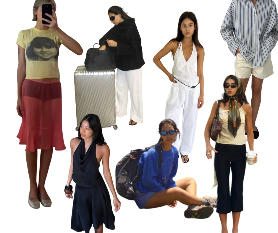 models wearing euro summer outfits like linen sets head scarves and sheer midi skirts