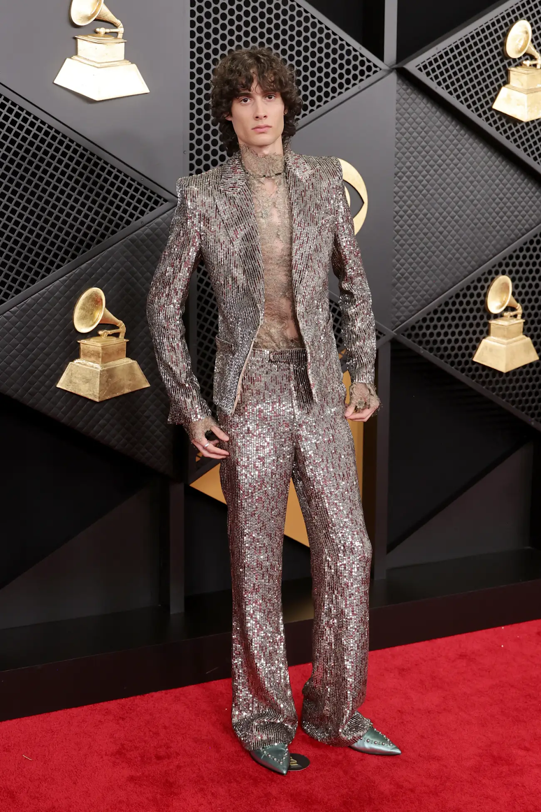 sombr at the grammys in silver suit