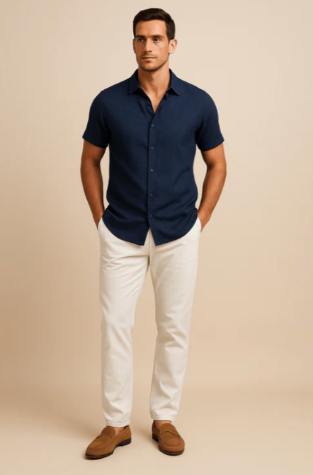 man wearing navy blue short sleeve button down shirt and white trousers