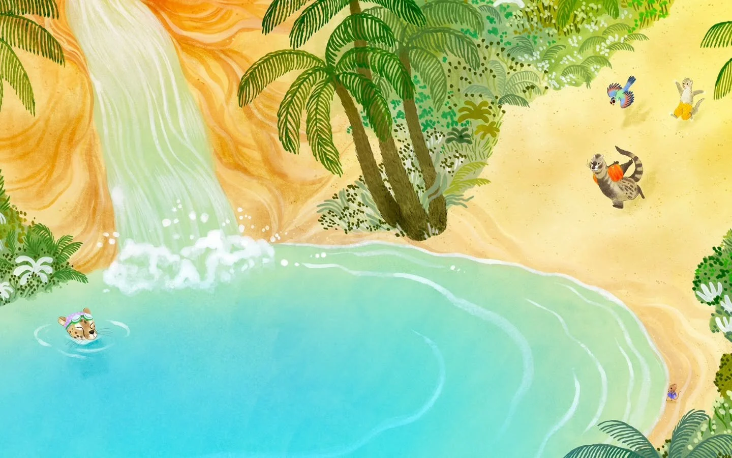 Une derni&egrave;re petite goutte d'oasis avec 'Le Plongeon' et ses animeaux rigolos (surtout la civette ❤️).

@armellemodere @fleurine.bnt @mangoeditions

#illustration #kidlitart #oasis