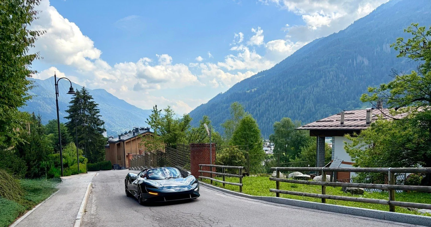 McLaren Elva pulling up to the @lefayresorts in Pinzolo, Italy, after a day spent exploring the Dolomites.