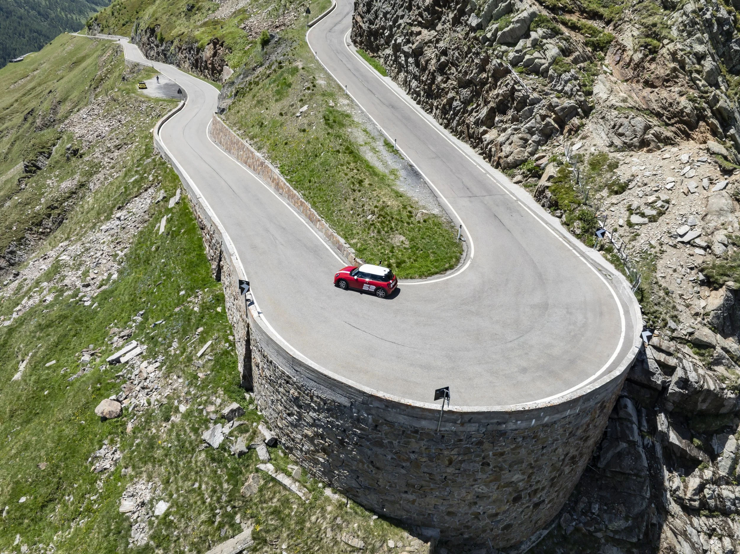 Mini on Timmelsjoch Austria hairpin