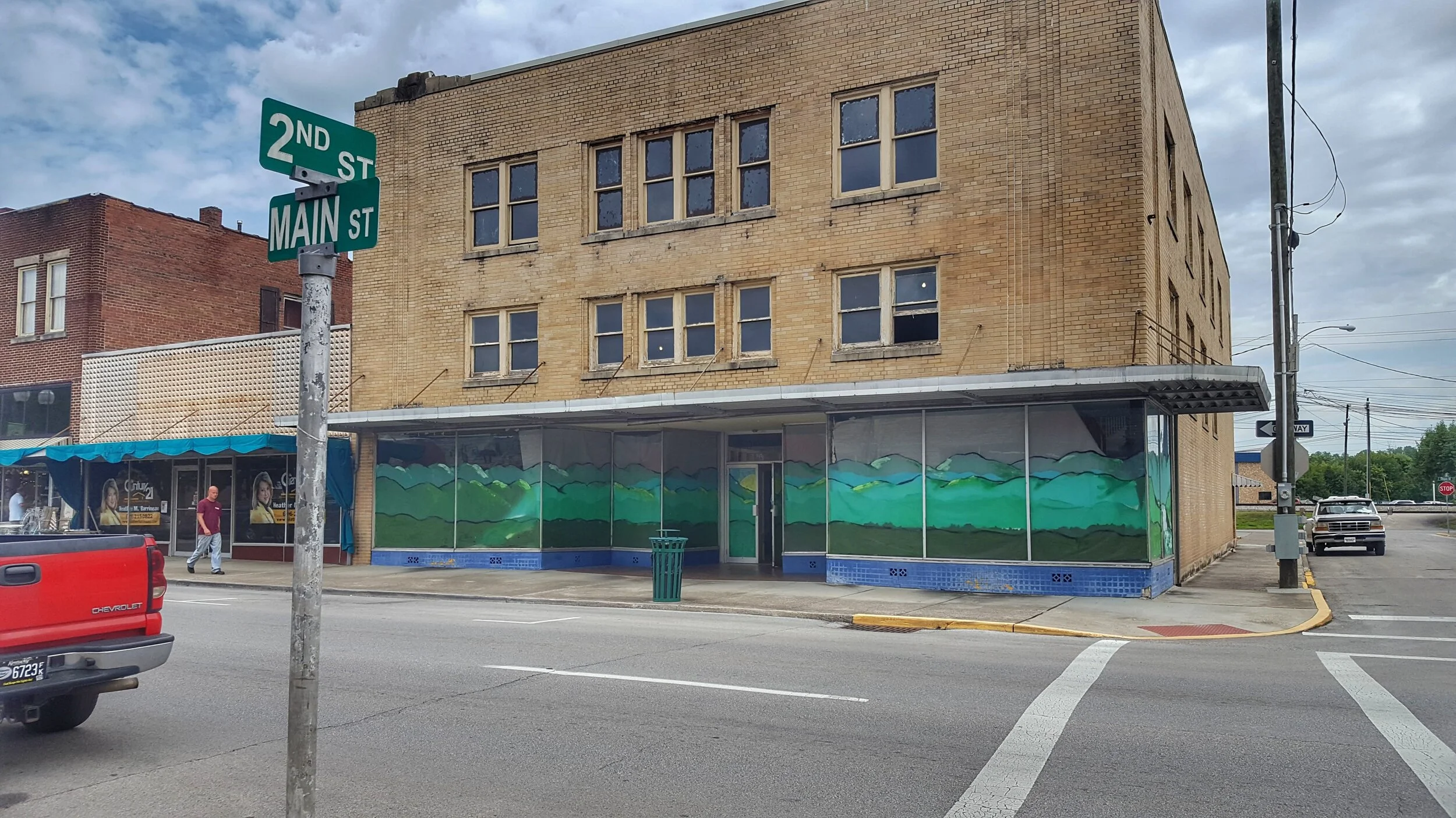 Second & Main in Corbin, as it looked in spring of 2017. I had just put up the paper and paint installation to cover the front windows during renovation.