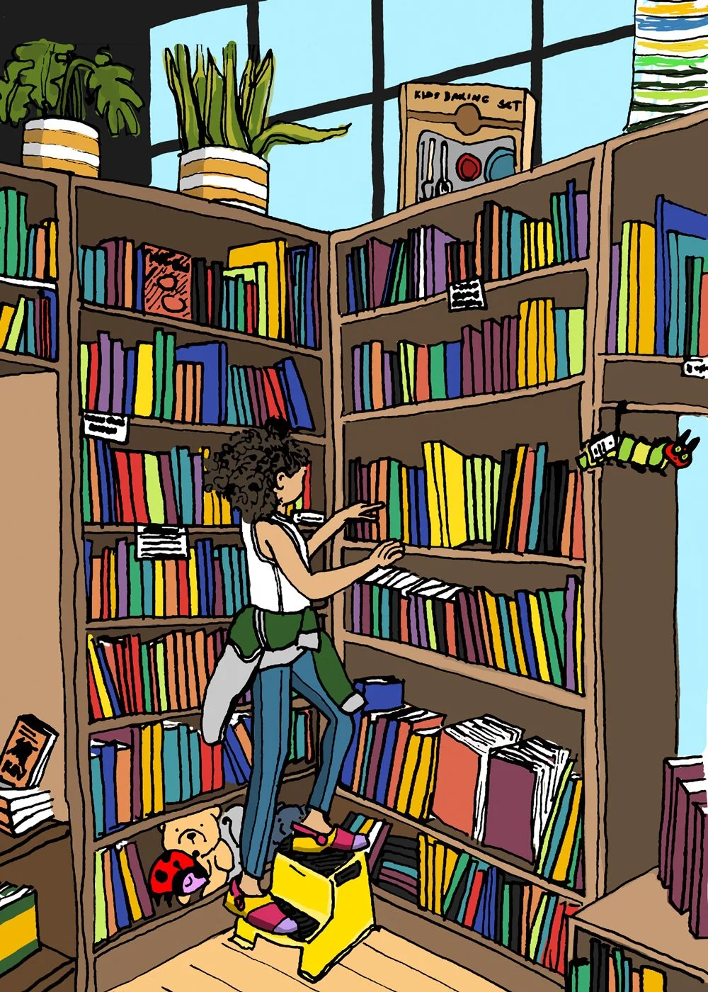 Illustration of a child choosing a book from a bookstore's shelves
