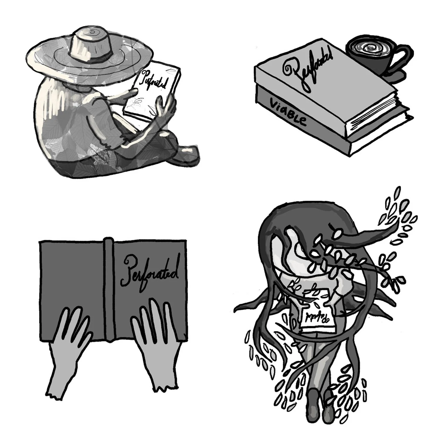 Four sticker concepts, in grayscale.  One is the intial sketch of the final concept: a person in a sunhat reading Perforated under dappled light. The other concepts include a stack of books next to a coffee drink; hands holding the book Perforated,