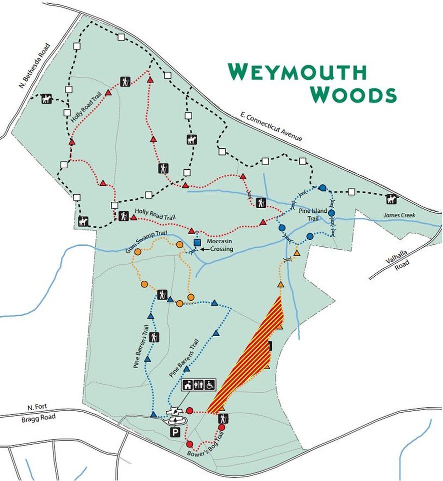 PSA: Weymouth Woods is conducting a prescribed burn today on the main tract. Please be aware of trail closures around the burn area (shown on map) as well as the potential for smoke within the park. If you&rsquo;d like to hike but avoid the smoke, th