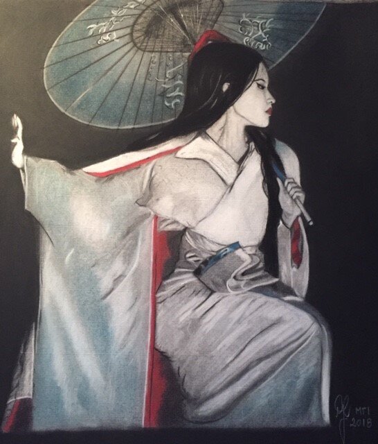 'Dancing Geisha' - Fusain, craie &amp; pastel