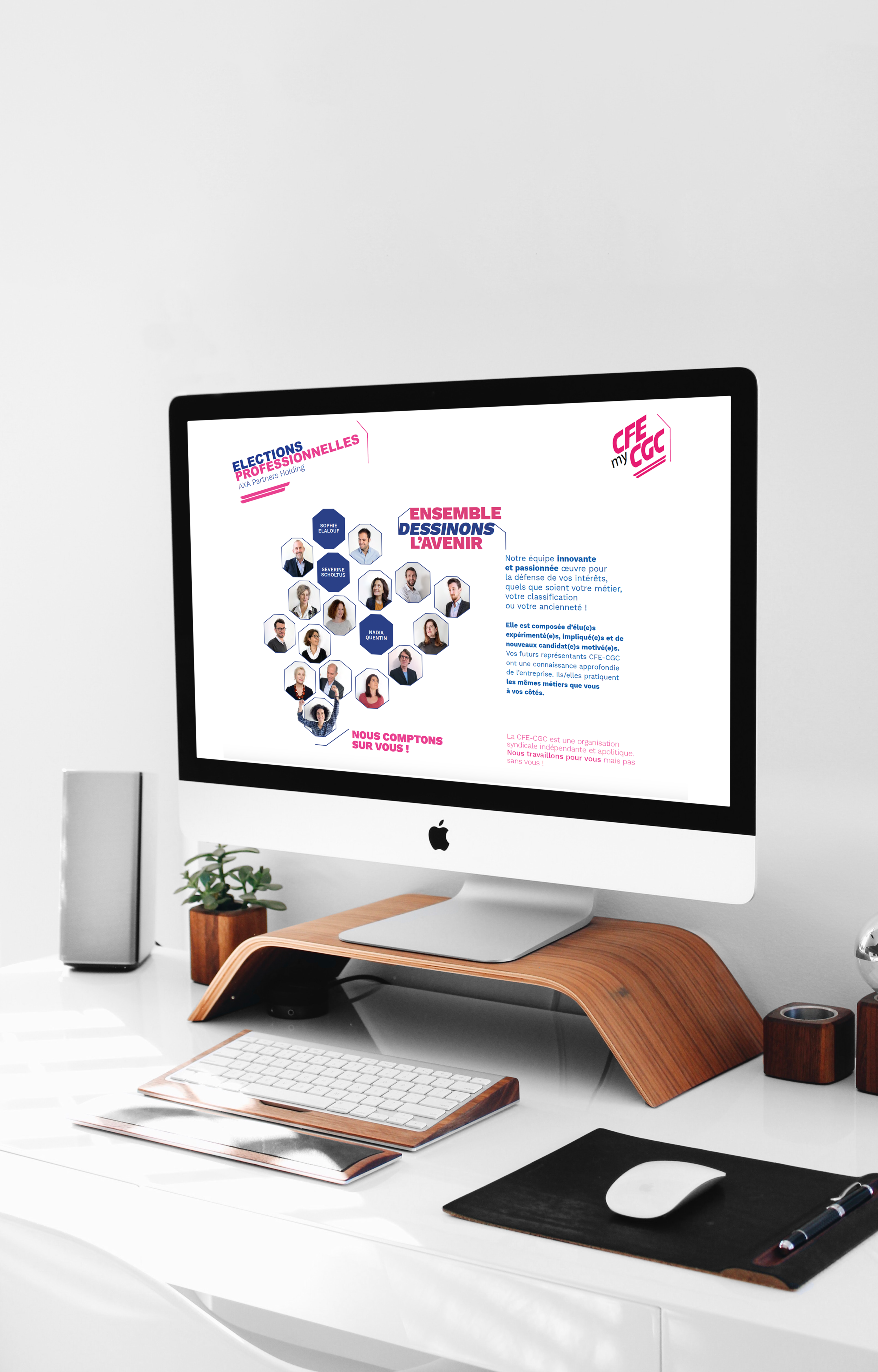 Création d’univers graphiques différenciants, direction de création, création de Mood board photographiques et d’animations de documents interactifs pour diverses élections CFE CGC au sein des différentes filiales du groupe AXA. - Paris, France -