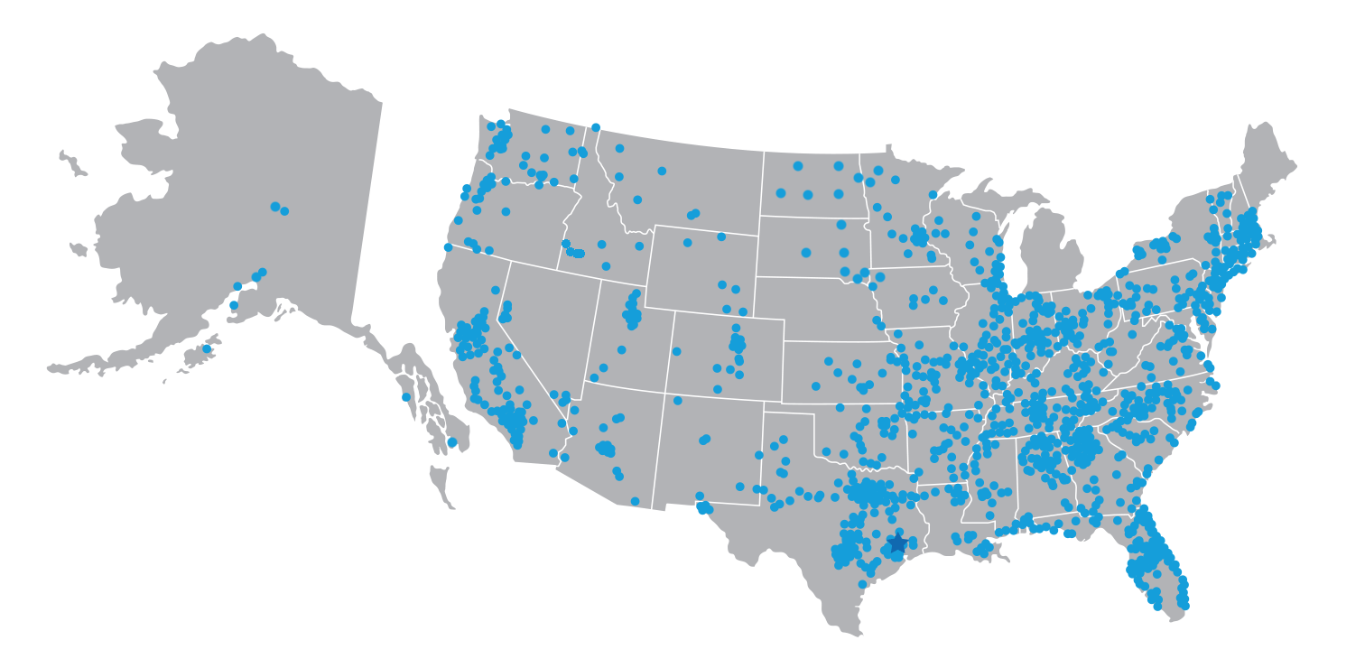 Map of Prime Communications AT&T store locations across the United States.
