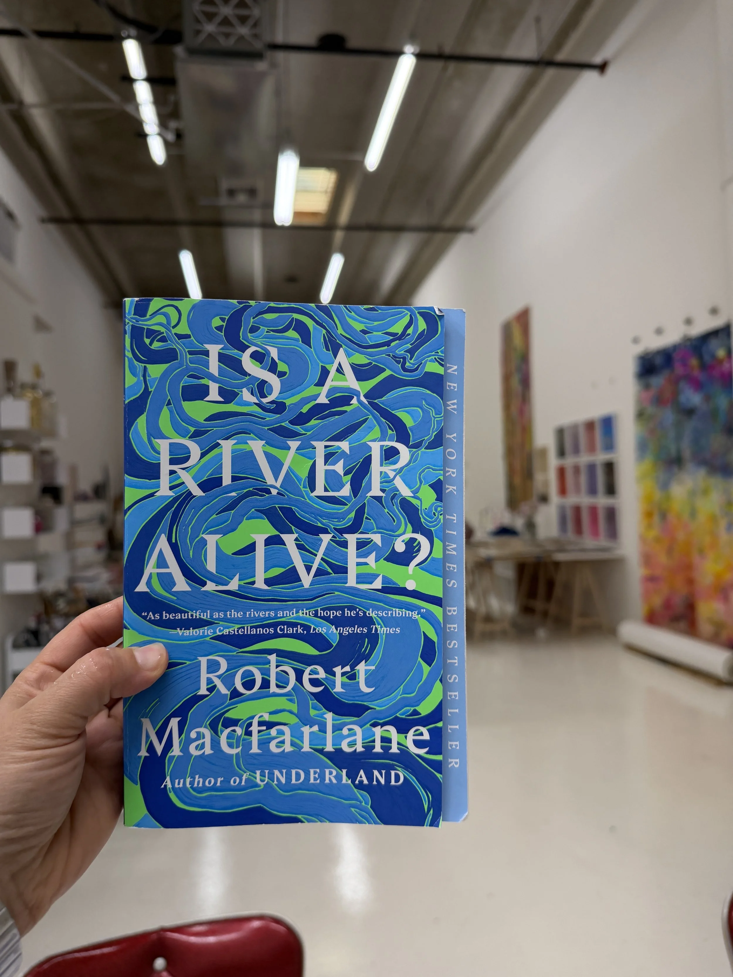Hand holding Robert Macfarlane's book Is a River Alive? in the artist's studio, with large colorful paintings on the walls behind