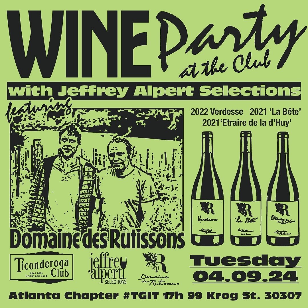 Mark your calendar! This Tuesday we&rsquo;re hosting @jeffreyalpertselections for a lil Wine Party at The Club and will be pouring several bottles from @domainedesrutissons by the glass!