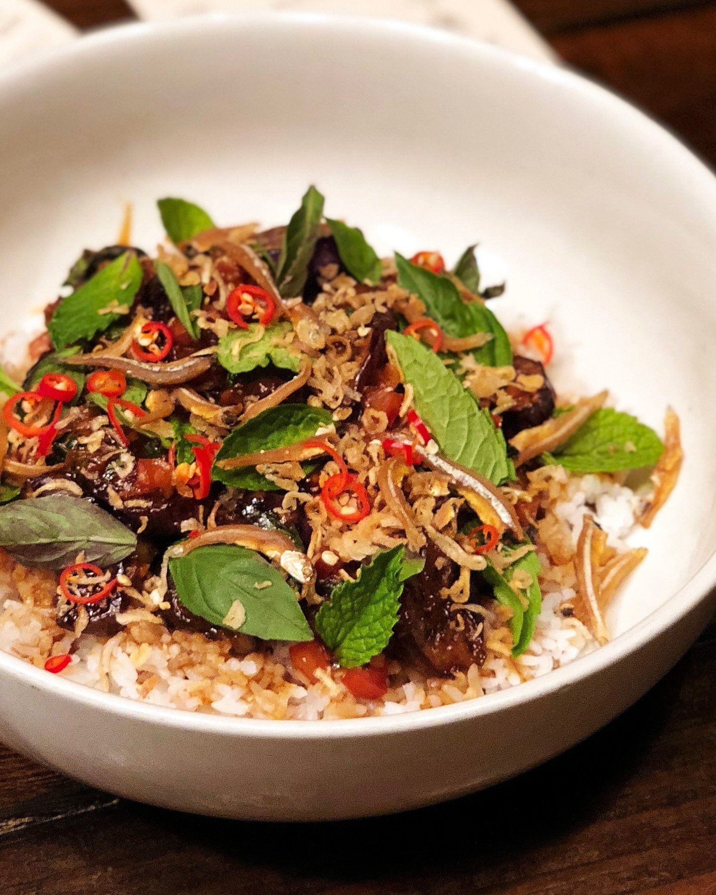 Difficult to explain, impossible to forget: Poh&rsquo;s Eggplant - Jasmine Rice - Thai Basil - Mint - Thai Chilis - Toasted Coconut - Bali Sauce