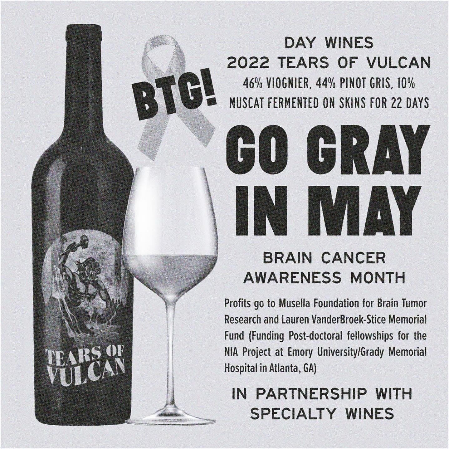 People be asking about this wine 😮&zwj;💨 so much so that we&rsquo;re going to run it through the month! @daywines 2022 Tears of Vulcan BTG! Viogner, Pinot Gris, and Muscat fermented on skins for 22 days - All profits go to Brain Tumor research via 
