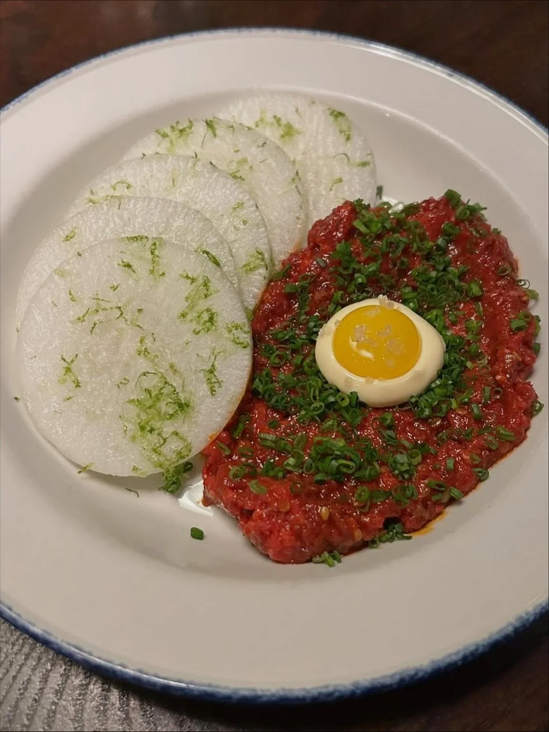 TC Steak Tartare, undefeated since 2015. Chili Crush - Kewpie - Yolk - Chive - Daikon - Lime 
📷 @saradelina ❤️ 
&bull;
Sunday - Tuesday Chalkboard Special:
&lsquo;24 La Grange Tiphaine - Sparkling Ros&eacute; of Cab Franc, Gamay, etc.
&bull;
Is Sund
