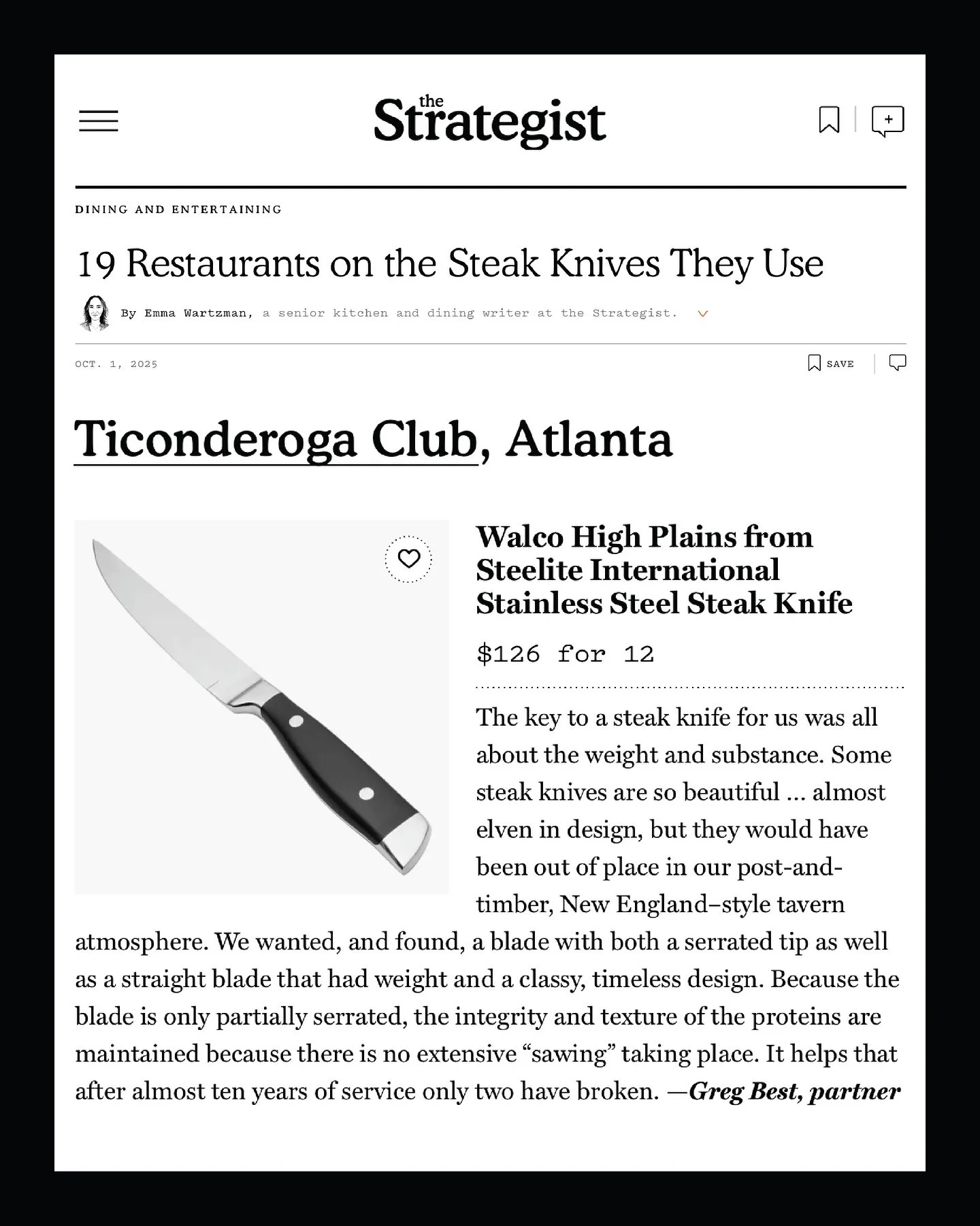 @nymag @thestrategist compiled a list of 19 Restaurants on the Steak Knives They Use and @deepthirst got to explain why we chose @steeliteusa&rsquo;s Walco High Plains for our Chuck Wagon. Check out the entire feature at the link in bio 🔗 and come t