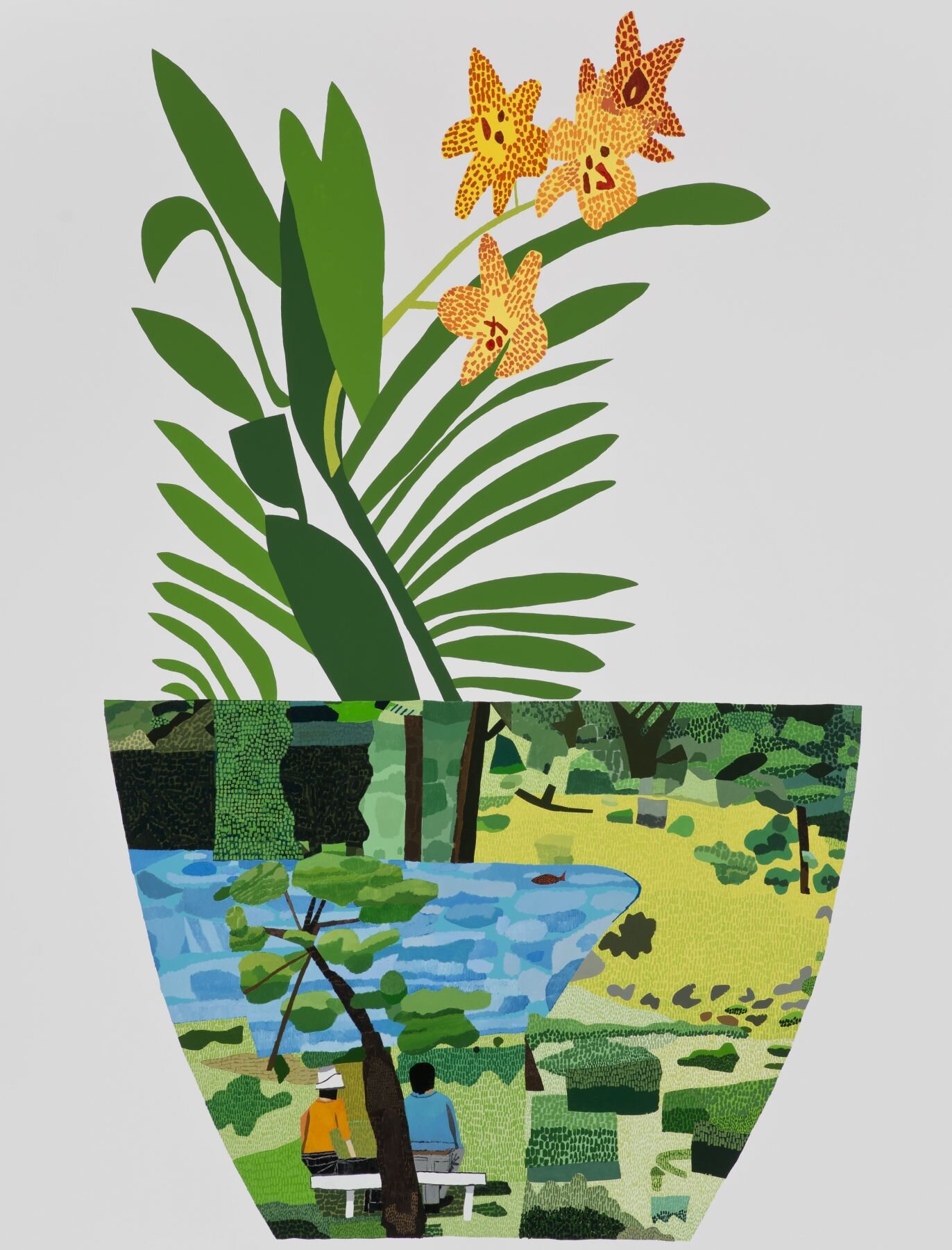 Jonas Wood, Landscape Pot with Yellow Orchid, 2014