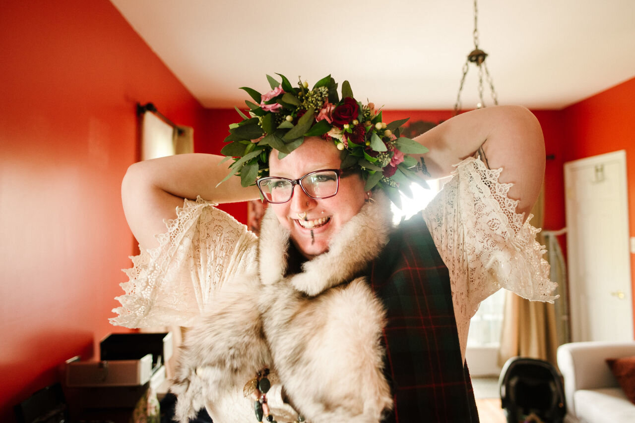 Bride wearing leafy crown at her rural elopement near Kingston, Ontario