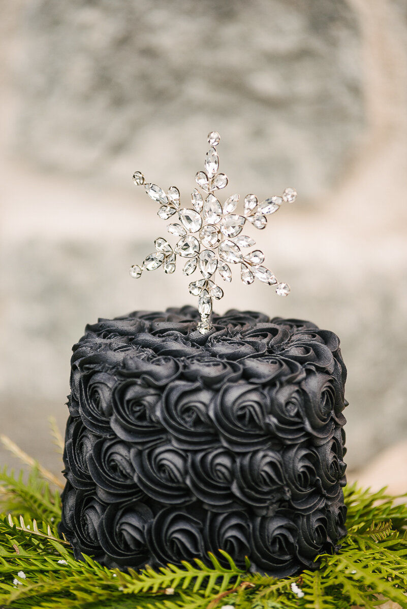 Cake cupboard, black buttercream cake for styled winter wedding 