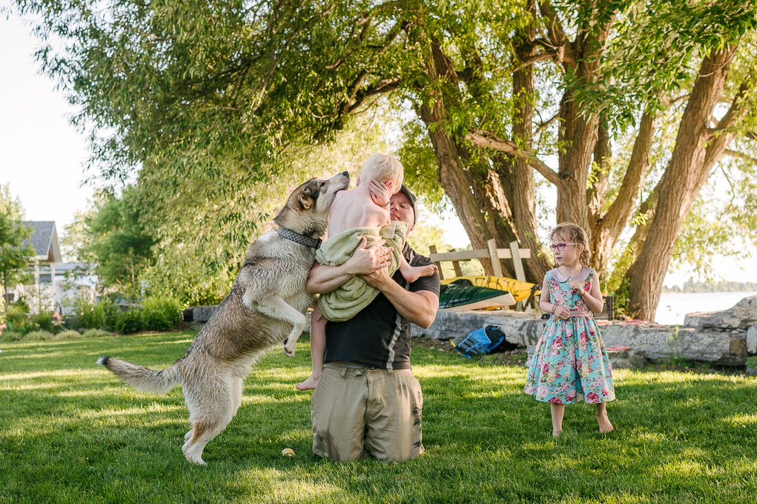 Kids and dog playing together at the wedding anniversary celebration. 
