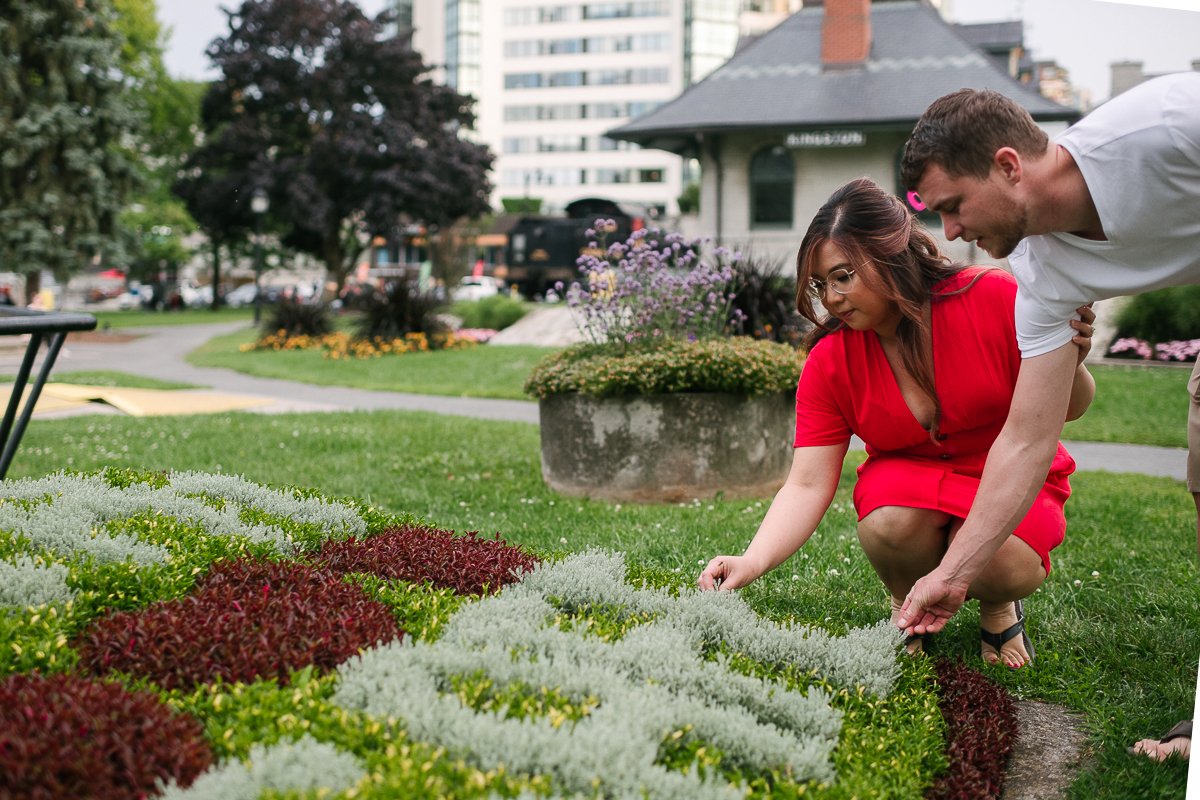 Couple enjoying their engagement in the garden