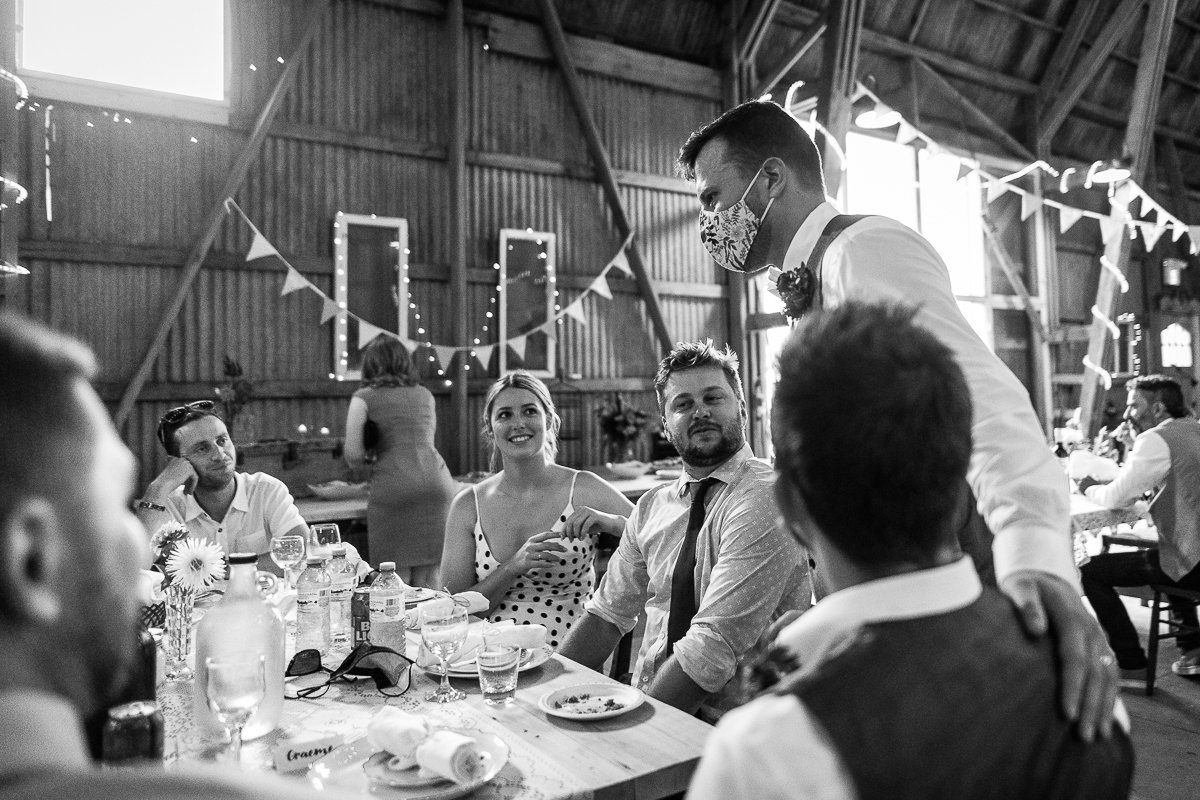 Black and white picture of wedding reception
