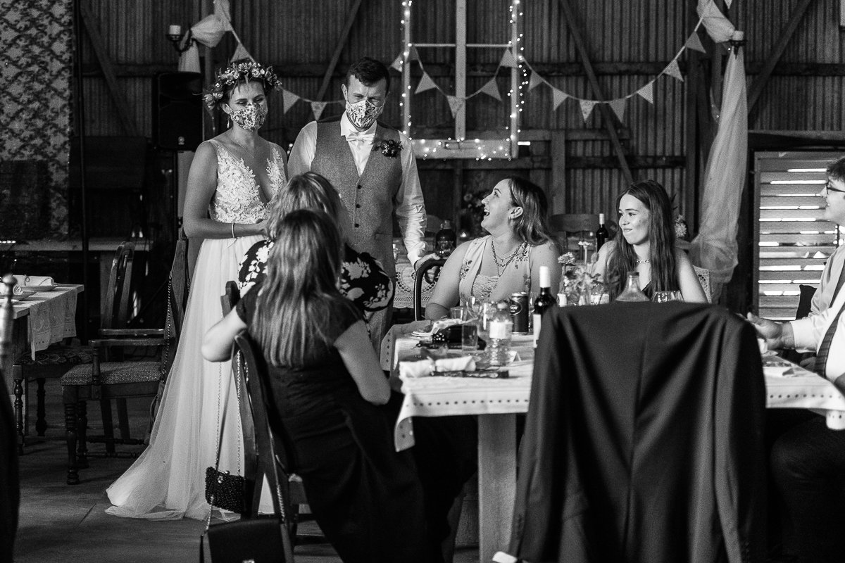 Black and white image of wedding reception