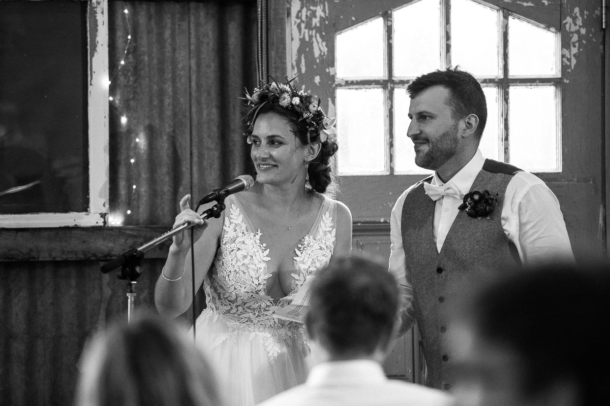 Black and white image of wedding reception.
