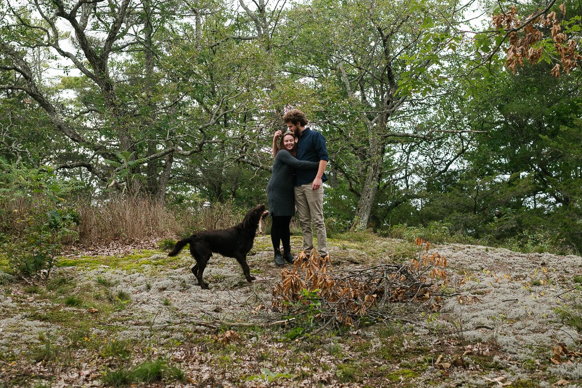 Couple kissing on engagement, dog standing near them