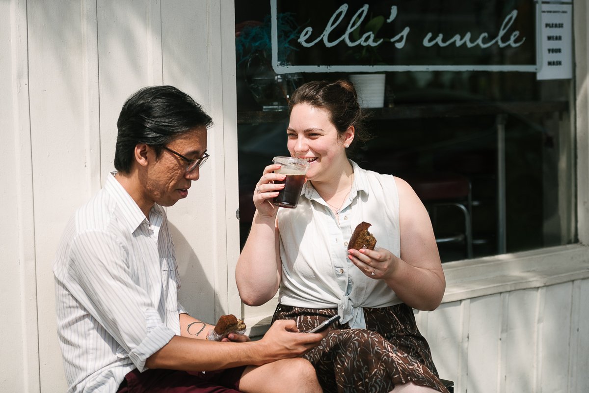 Couple drinking iced coffee on engagement