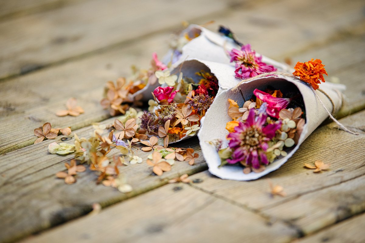 Recycled paper cones filled with dehydrated flowers are beautiful