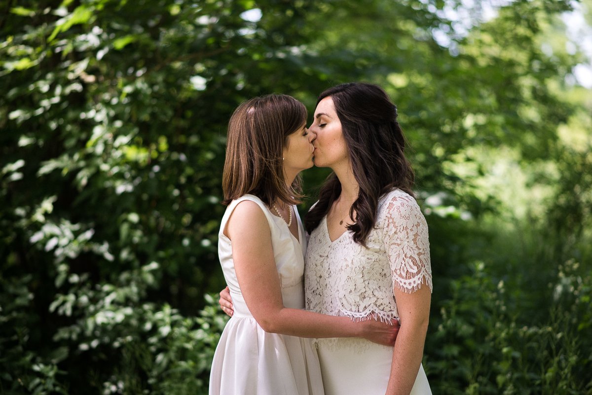 Closeup of brides kissing