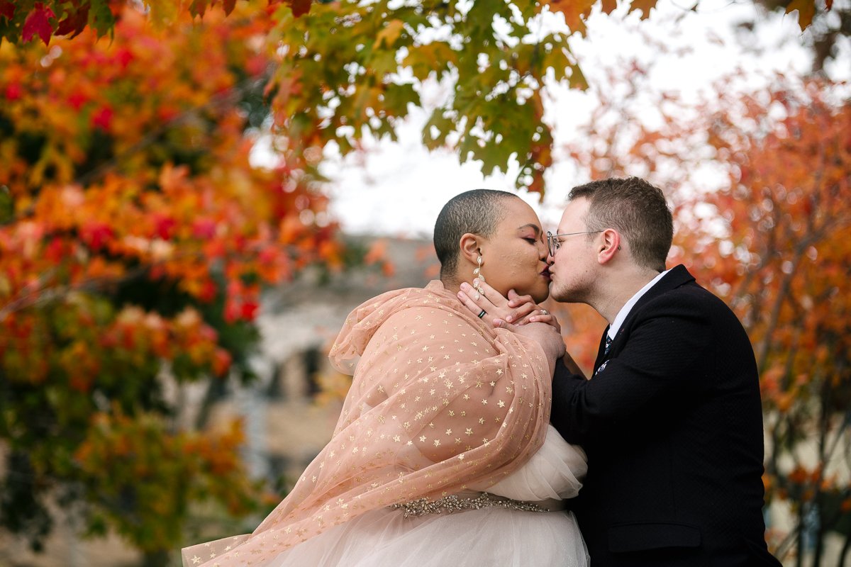 Bride and groom kissing each other in beautiful orange trees in garden