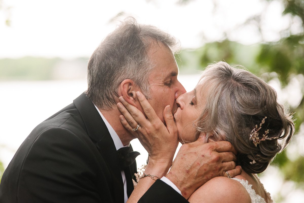 Close up of bride and groom kissing